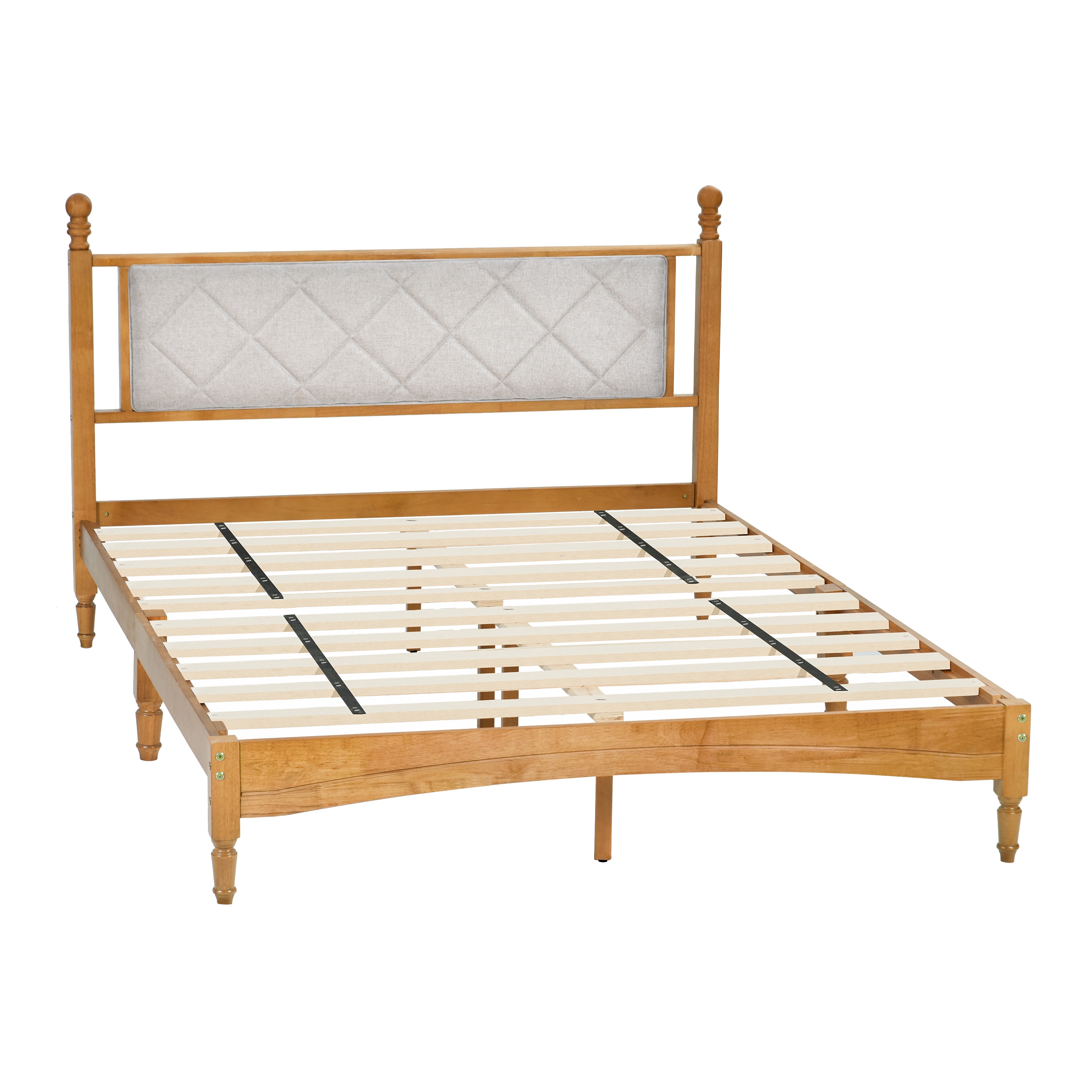 Wood Bed Frame with Fabric Upholstered Headboard, Solid Rubber Wood with Wood Central Supports, 1000 Lb Capacity, Easy Assembly, No Box Spring Needed, Full - Rustic Oak Wood Bed Frame with Fabric Upholstered Headboard, Solid Rubber Wood with Wood Central Supports, 1000 Lb Capacity, Easy Assembly, No Box Spring Needed, Full - Rustic Oak